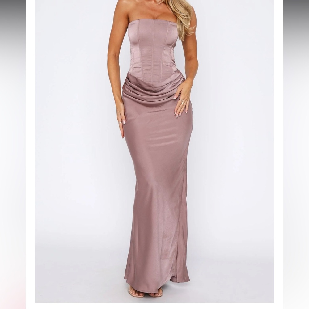 White Fox Boutique Strapless Mauve Satin Corset Gown